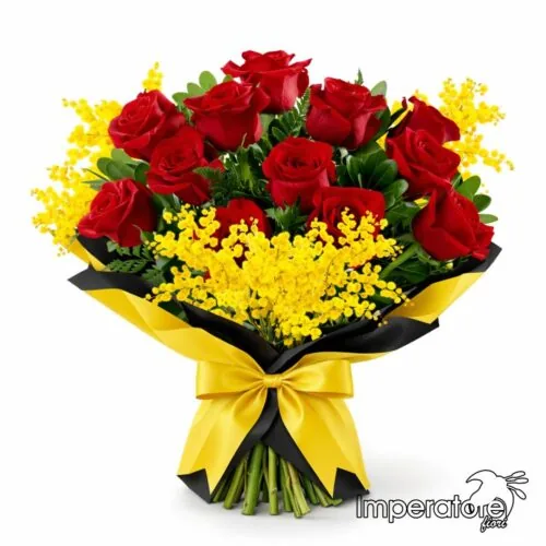 Rose Rosse e Mimosa — mazzo di fiori a domicilio a Napoli